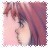 Pixelated close-up of a character with long dark hair and light skin, wearing a white garment against a pinkish background.