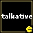 Four identical black square with yellow borders, each containing white pixelated text 'talkative' and a small yellow Pac-Man-like symbol at the bottom right