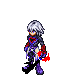 Pixel art character with white hair and purple armor performing combat actions against a gray background.