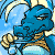 Animated contact sheet of a blue dragon-like creature with golden armor holding a sword, showing frame-by-frame motion against a light blue background with white crescent shapes.