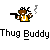 Pixelated character with brown skin holds black pistol in left hand and white cigarette in right hand, wearing yellow shirt with white design, gray smoke rising from cigarette, gray background.