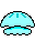 Four pixelated light blue jellyfish icons arranged in a on gray background, each with distinct bell and tentacle shapes