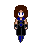 Pixel art character with brown hair and blue eyes, wearing black outfit with blue accents, standing against gray background.