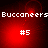Red-toned pixelated image with 'Buccaneers' text at top and '#5' below, showing subtle animation changes in background glow and circular patterns.