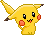 Pixelated yellow creature with red cheek circles, black eyes with gray highlights, brown-tipped ears and tail, standing against a solid light gray background.