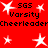 Red background with white star shapes and repeated black text reading 'SGS Varsity Cheerleader' in two
