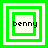 Four green and white square frames with the text 'benny' in black pixelated font, arranged in a