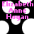Pixelated text displays 'Elizabeth Anne Hogan' in pink over a black background with white circular shapes.
