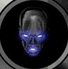 A circular icon with a dark background shows a stylized face with glowing blue eyes and mouth, rotating through multiple angles.