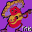 Pixelated character with red and yellow body, purple sombrero, playing guitar on purple background with text overlays.