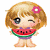 Pixelated cartoon character with blonde hair and pink flower accessory holding watermelon slice, standing against white background next to green text