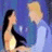 Pixelated image of two figures in profile against a blue background, one with dark hair and light skin wearing black clothing, the other with blonde hair and light skin in a white top.