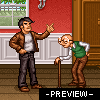 Pixel art scene showing two characters: a standing man in brown jacket and dark pants, and an older man with cane wearing green vest over white shirt.