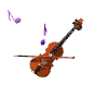 Brown violin with black strings and scroll, surrounded by floating purple musical notes in various positions