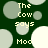 Dark green background with light gray and white circles; yellow text reads "The Cow says Moo" in pixelated font across multiple circular shapes.