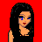 Pixel art contact sheet showing three frames of an animated icon featuring a woman with long black hair, blue eyes, and red lips in various poses against a solid red background with overlaid text.