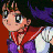 Pixelated anime character with black hair, red scarf, purple pants, and white shirt, looking left against dark and red background.