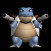 A blue turtle-like creature with a tan shell and white vest holds two large silver cannons, transitioning from raised arms to firing smoke effects.