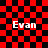 Red and black checkered background with four white 'Evan' text instances, two with overlays, in a static arrangement