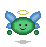 Green circular character with blue wings and golden halo, smiling face on gray background.