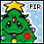 Pixelated green Christmas tree with yellow star, red and purple ornaments, smiling face, and 'FIR' text on light blue background with white snowflakes.