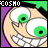 Pixelated cartoon face with green eyes and wide grin, purple background, 'COSMO' text in top-left corner across all frames.