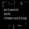 monochrome pixel art displaying text and abstract shapes with 'click here' prompts and 'Artwork and Commissions' labels