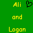 Green background with yellow text 'Ali', 'and', 'Logan' arranged vertically, and a black pixelated heart symbol between two instances of the text.