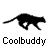 A contact sheet of 19 black silhouette frames showing a running cat animation, each frame labeled "Coolbuddy" below it on a white background with gray transparency corner.