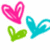 Four heart-shaped icons with pink, green, and cyan colors; three display text overlays reading 'love', 'me', and 'lots' on a white background.