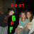 A pixelated group photo of three people with a black vertical bar displaying green 'B', red 'F', and green 'F' symbols, overlaid by changing red text reading Best, Friends, or Forever.
