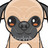 Pixelated close-up of a dog's face with large dark eyes, orange eye highlights, and a black nose on light tan fur.