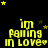 Yellow pixelated text 'im falling in love*' on black background with scattered yellow and brown stars, arranged in a of identical frames