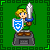 Pixelated character with blonde hair and green hat holds blue shield and white sword on gray pedestal against green background.