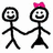 Two stick figures holding hands, one with a pink bow on its head, against white background.