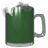 Green mug with frothy white head, silver handle, and subtle highlights on a white background.