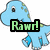 A light blue dinosaur with green spots and a small black eye appears in three variations: one with 'Rawr!' text, another with 'Fear my dino!', and a third showing only the dinosaur.