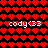 A static pixel art image with a black background filled with red heart shapes and repeated white text reading "cody<33" with a red heart symbol.