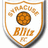 A static digital image with an orange background, featuring a shield-shaped logo on the left and blue pixelated text on the right.