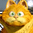 A pixelated orange tabby cat with green eyes and a slightly open mouth, set against a blurred background with blue and white tones.