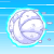 A 4-frame animated contact sheet showing a white and purple volleyball-like ball with light blue outline moving against a blue background with horizontal speed lines.