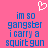 Pixelated text on pink background with white heart symbol above, displaying 'im so gangster i carry a squirt gun' in blue block letters.