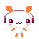 Pixelated character with white body, orange ears and limbs, dark red headphones, pink cheeks, and a smiling mouth on gray background.