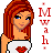 Pixelated character with red hair and blue eyes wears white top with heart symbol; vertical text "Mwah" appears in red on left side.