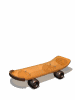 Animated sequence of a brown skateboard with black wheels rotating through multiple angles against white backgrounds.