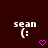 Dark brown background with white text 'sean' above a pixelated smiley face and pink heart symbols.