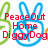 Pixelated icon with red text reading Peace Out Home Diggy Dog over a blue bunny outline and green curved shape on white background.