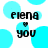 Pixelated text 'elena' and 'you' with a small heart symbol above 'you', set against light blue circular shapes on white background.