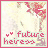 Pixelated icon with pink border showing 'future heiress' text and two small hearts above, featuring a blurred background of red flowers or leaves on light beige.