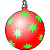 Six hanging Christmas ornaments with star patterns in red, purple, orange, green, and yellow hues on a gray background.